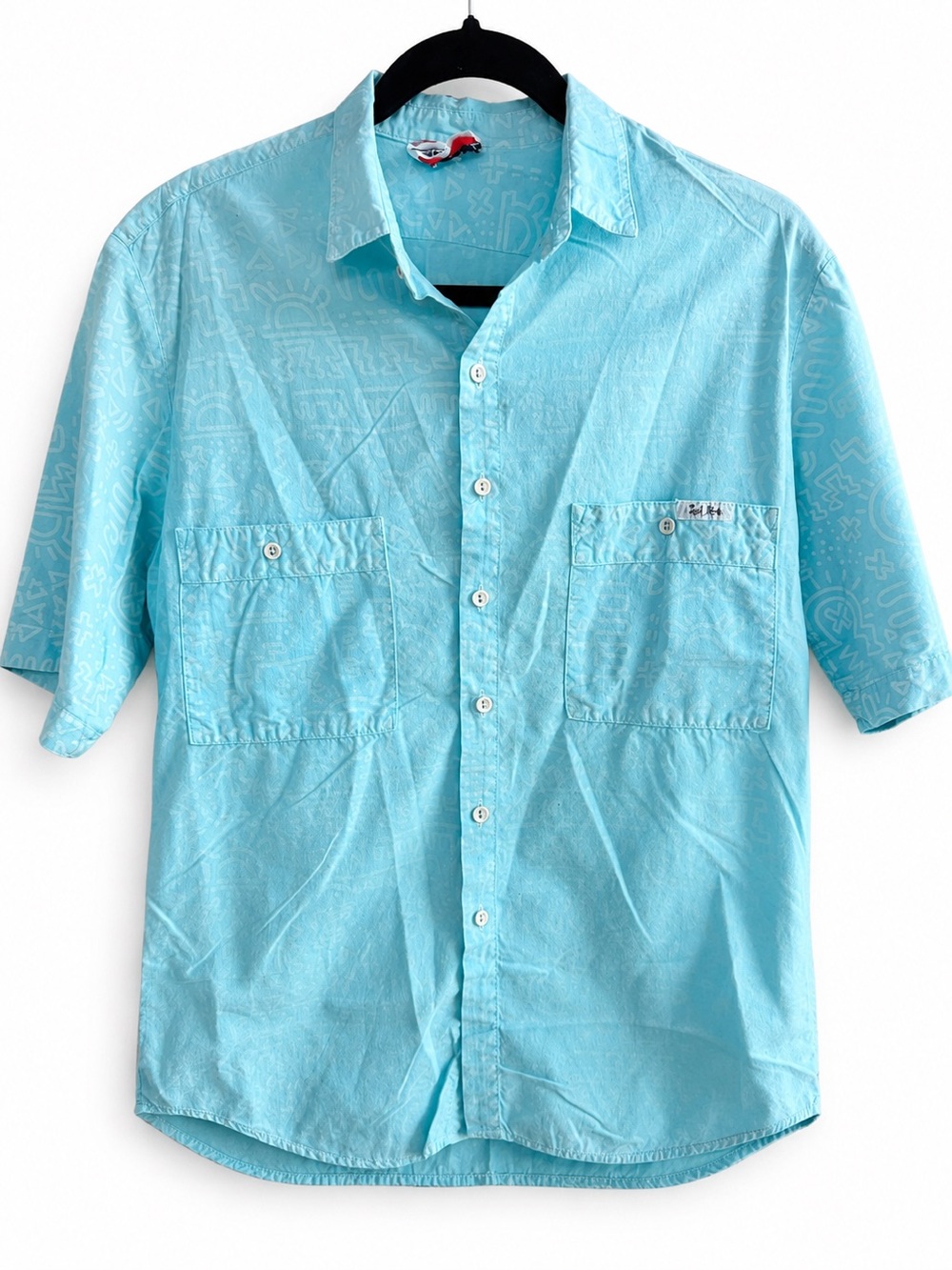 Vintage Contempo Casuals Paris Blues Turquoise Abstract Print Button Up Shirt